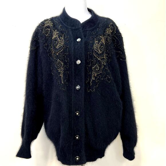 Vintage Belldini Angora Cardigan Medium Black Gold Embellished Beading Lined - Picture 2 of 13